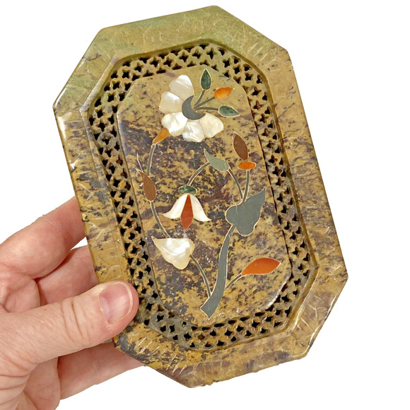 Trinket Jewelry Box & Lid Carve Stone Marble Mother of Pearl Inlay Flower Design - Picture 3 of 11